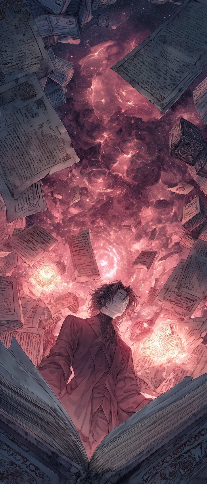 Vampire scholar unleashing cosmic blood magic in library