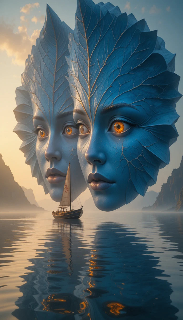 Surreal blue leaves watching a lone boat at golden hour