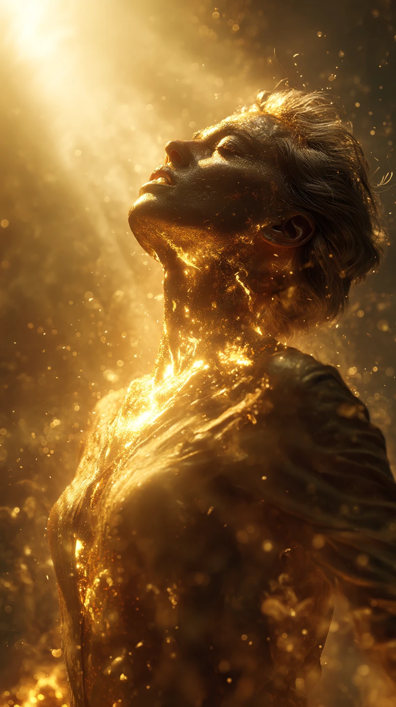 Person transforming into radiant golden light before awestruck crowd