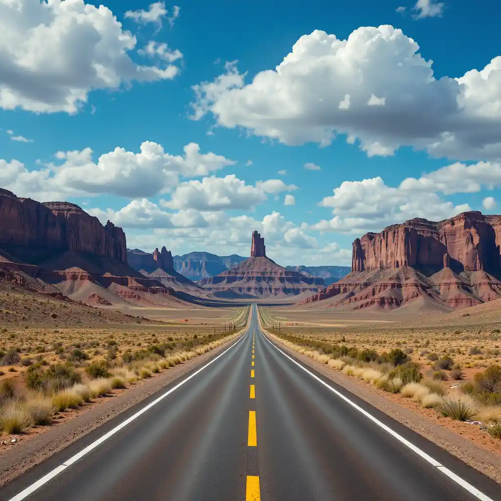 Desert highway leading to towering red rock cliffs