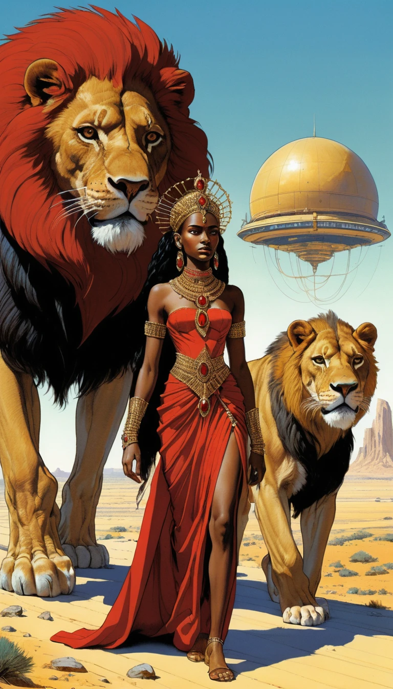 African princess walking beside crowned lion in vintage illustration