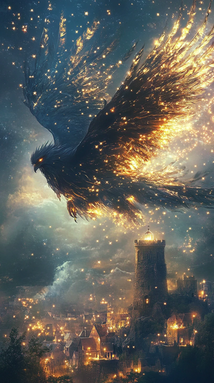 Ethereal glowing bird atop an ancient lighthouse