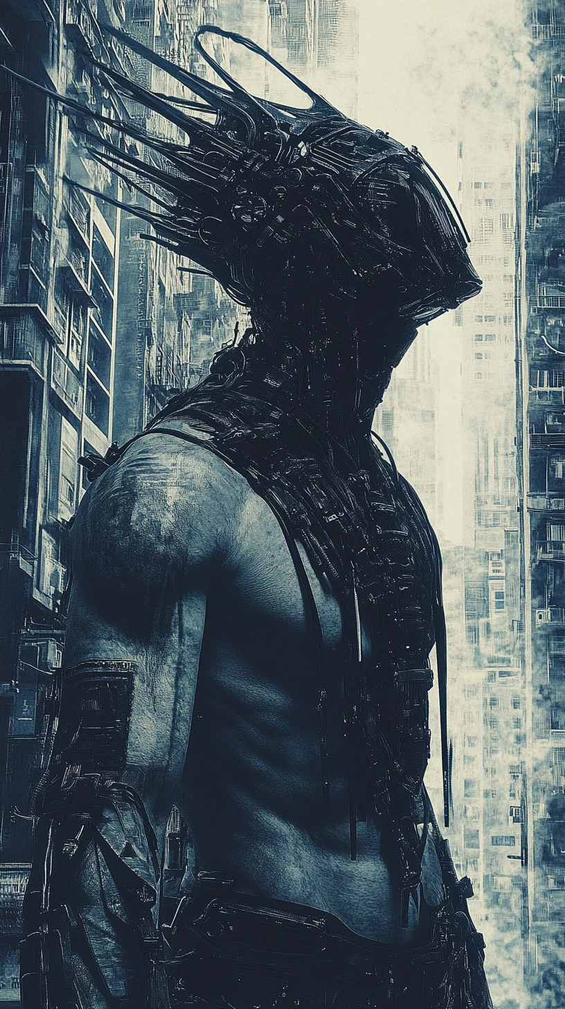 Cyberpunk warrior in a surreal futuristic concrete jungle