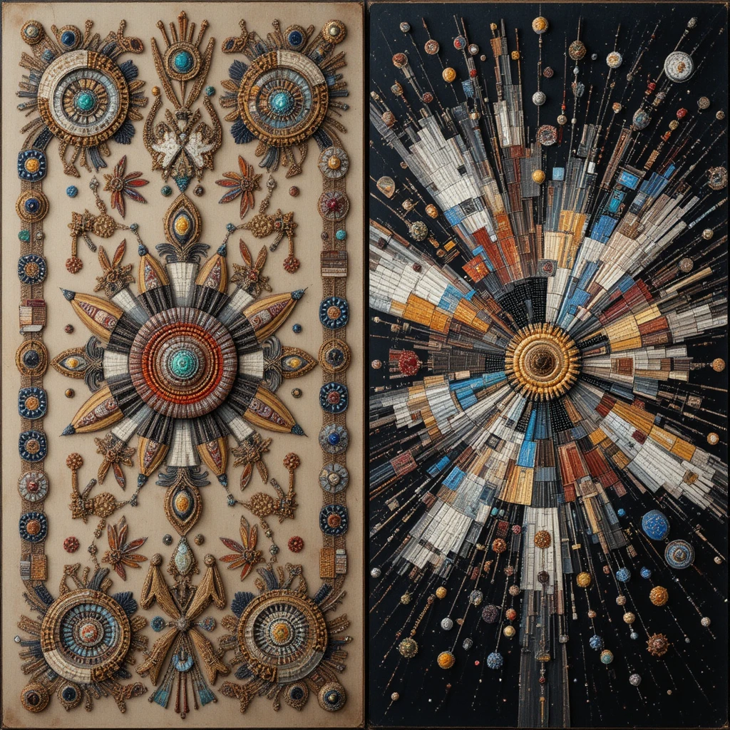 Plains beadwork beside abstract cosmic pattern diptych painting
