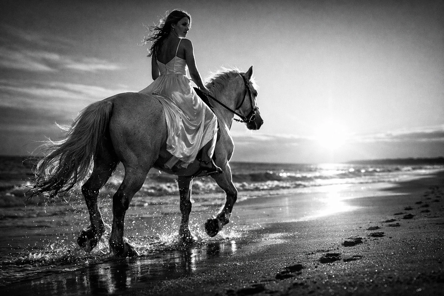 Donna che cavalca un cavallo bianco lungo una tranquilla spiaggia al tramonto