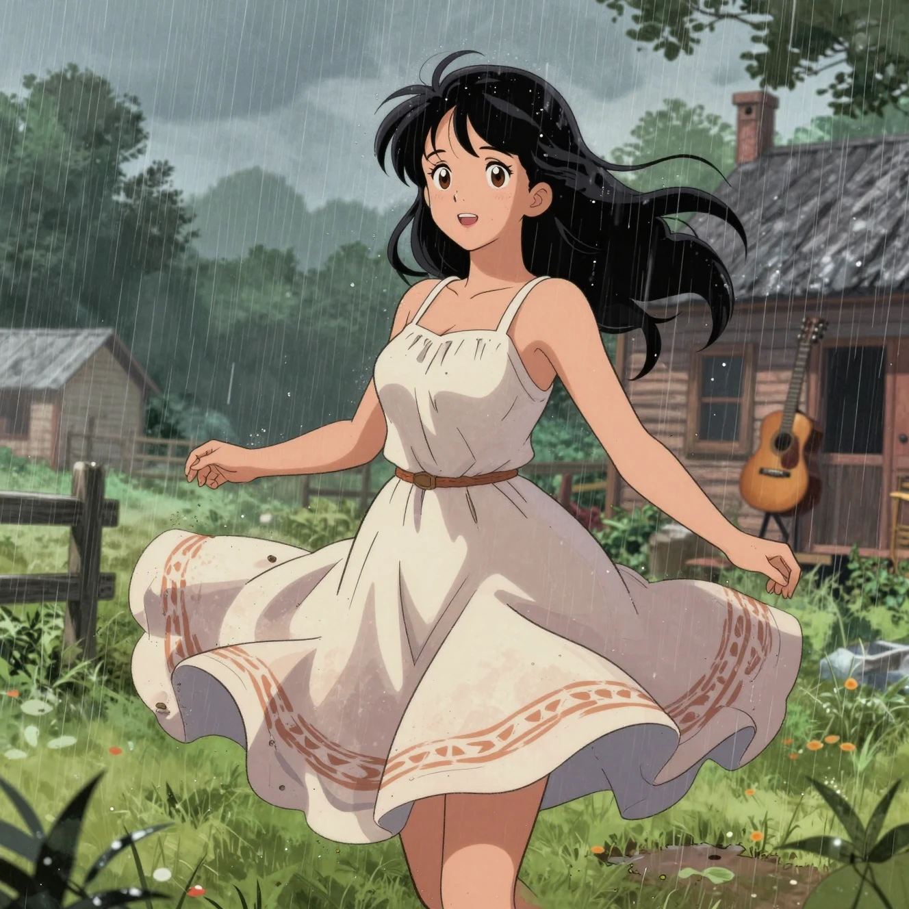 Ragazza di campagna che gira sotto la pioggia in una scena rurale in stile anime