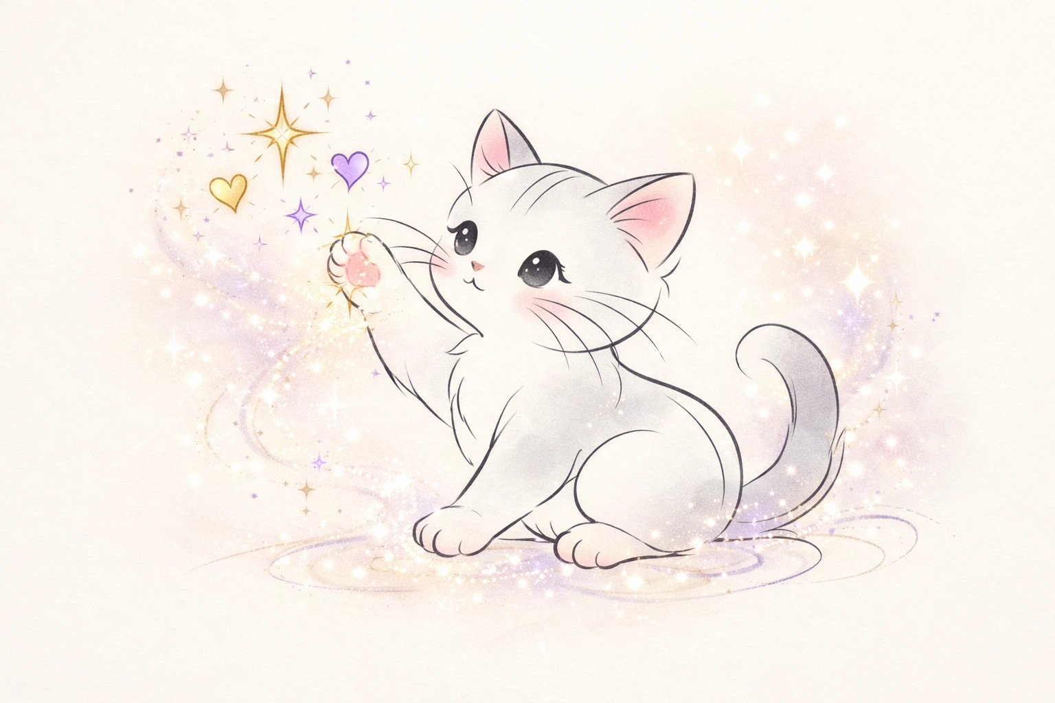 Minimal kitten line art with stars and hearts
