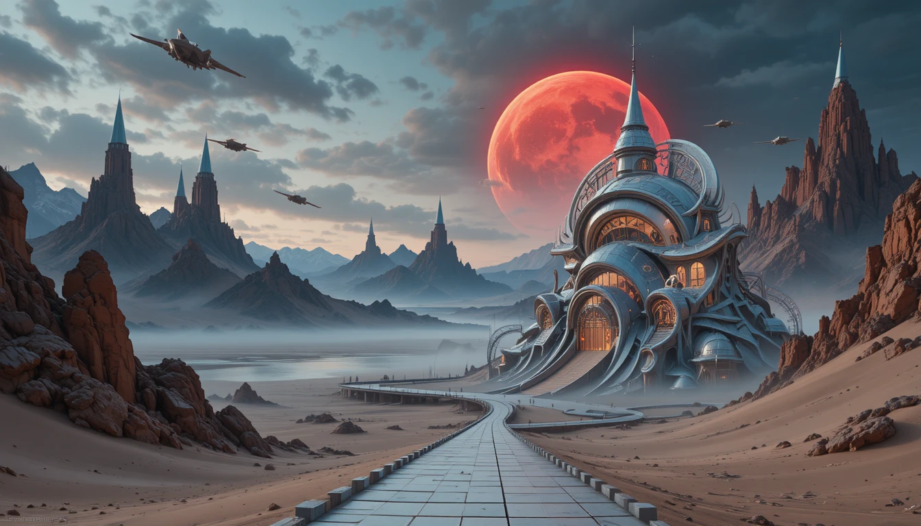 Paesaggio urbano futuristico con veicoli volanti in un cielo nuvoloso