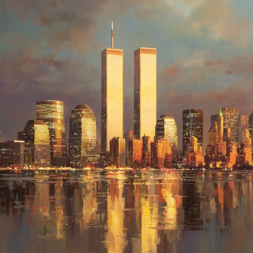Manhattan skyline at sunset with the twin towers