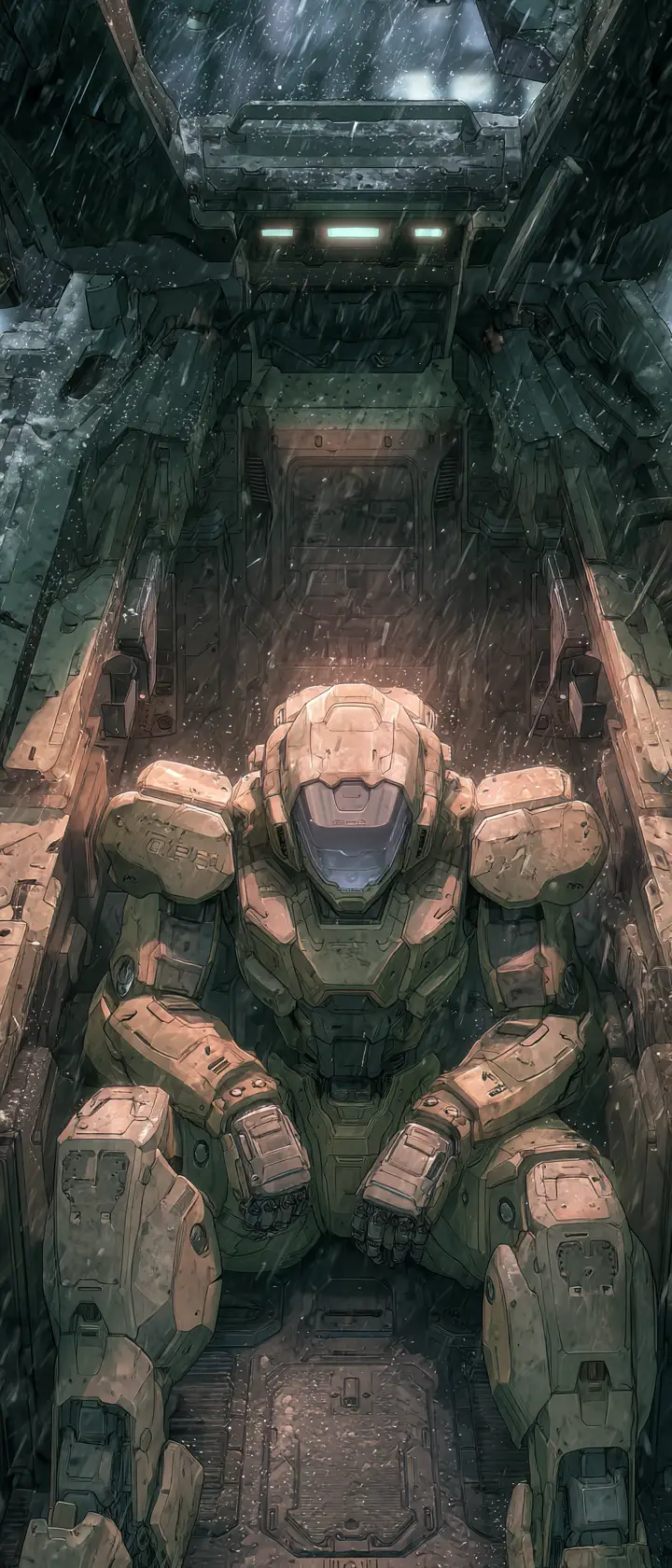 Mecha pilot slumped in ruined cockpit under falling debris