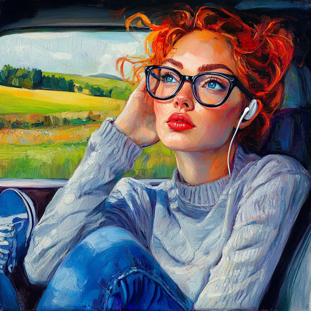 Red haired woman listening to music in car seat