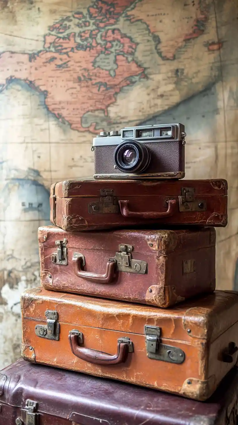 Vintage leather suitcases with camera and folded world map