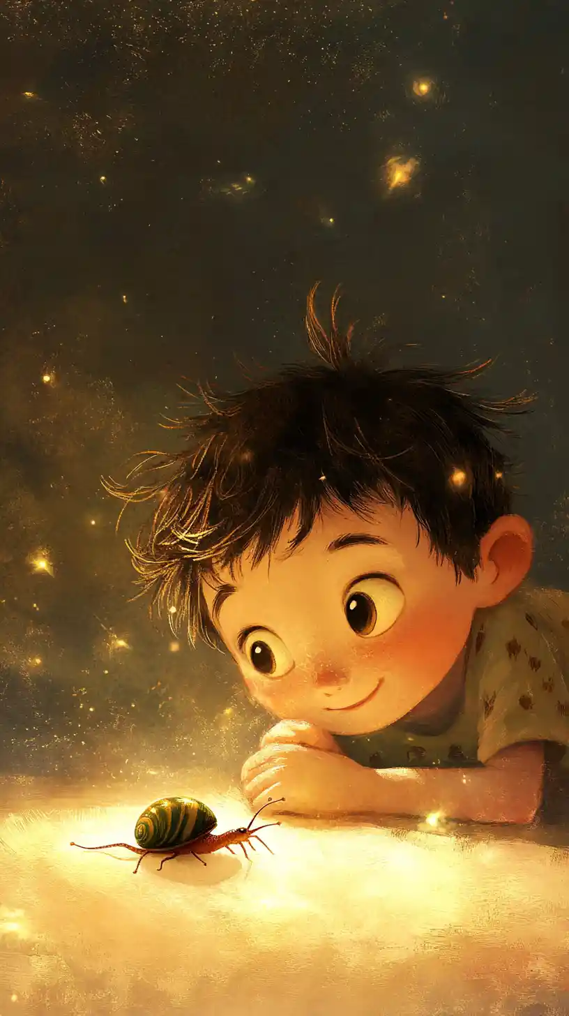 Curious boy watching a tiny snail in soft pastel light