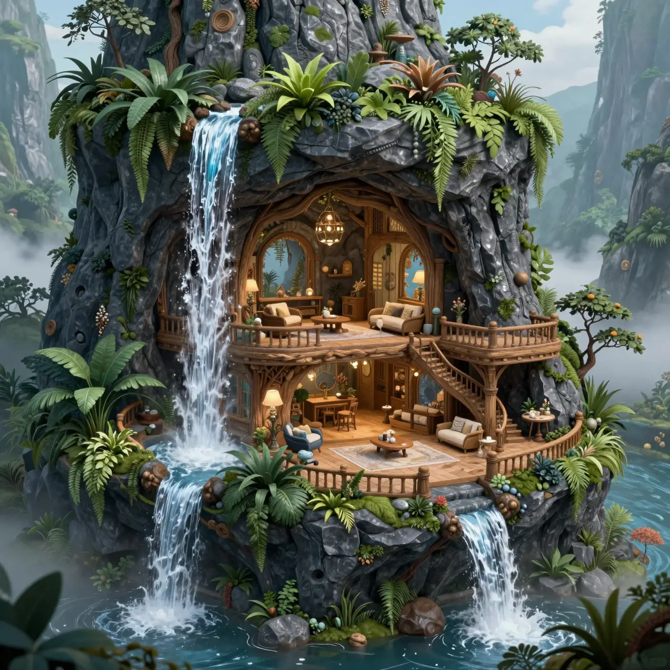 Luxury cave house in a lush fantasy mountain landscape