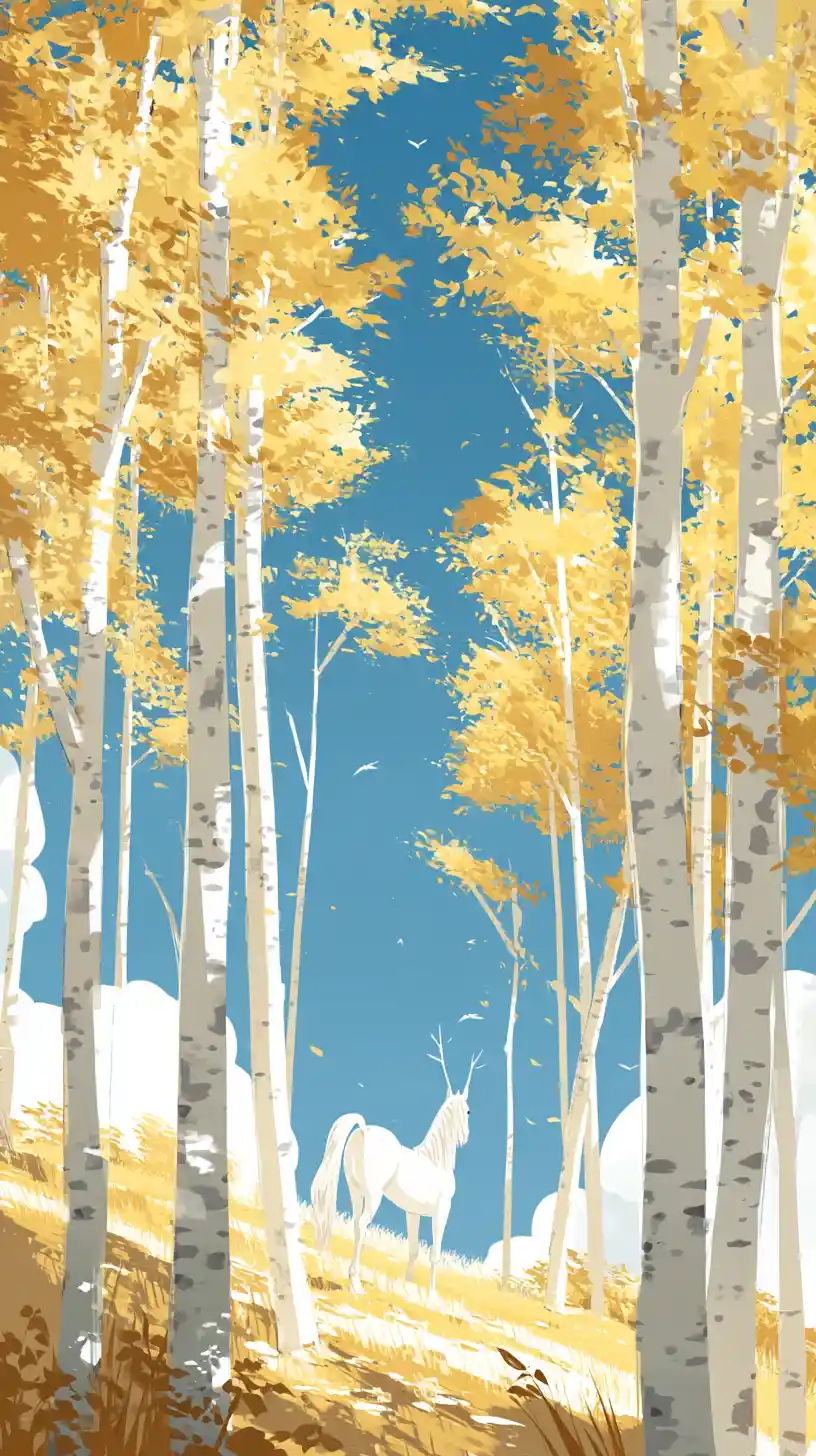 White horse in an autumn birch forest under blue sky
