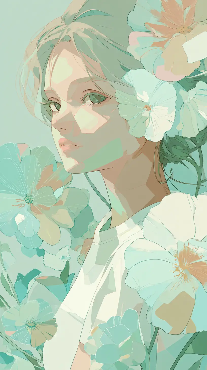 Anime girl with soft pastel floral illustration style