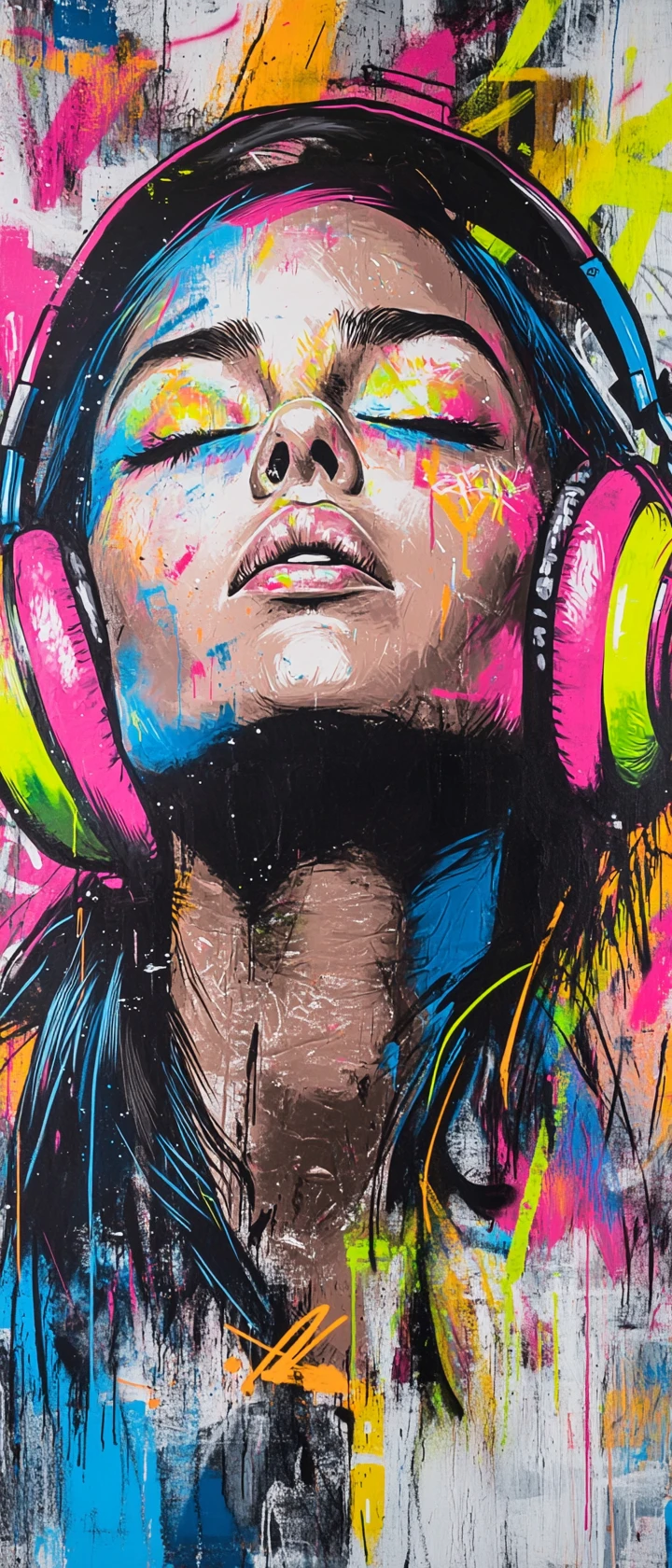 Graffiti-Porträt einer Frau mit Kopfhörern und Neonfarben