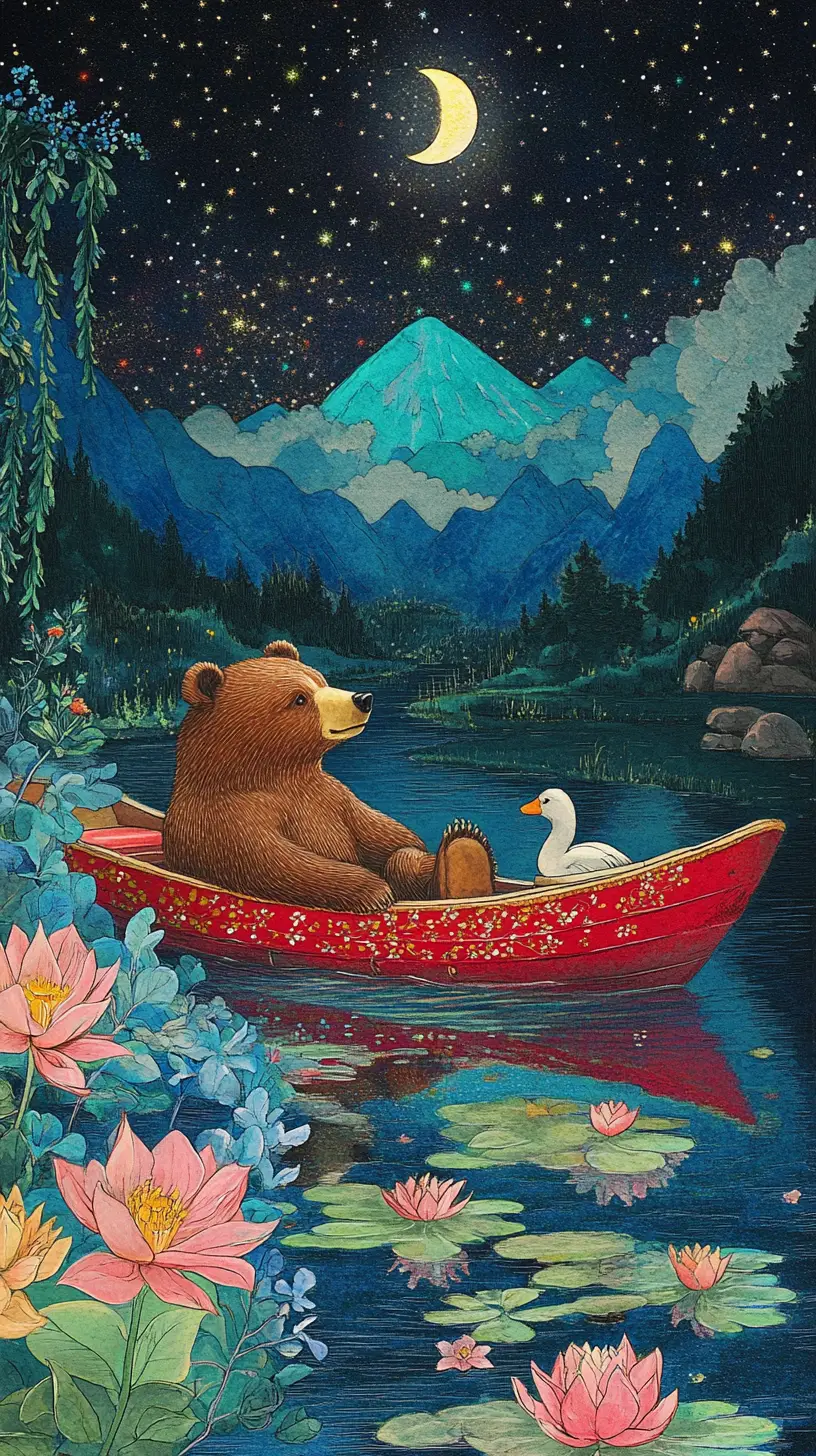 Bear In Red Boat On Moonlit River With Ducks
