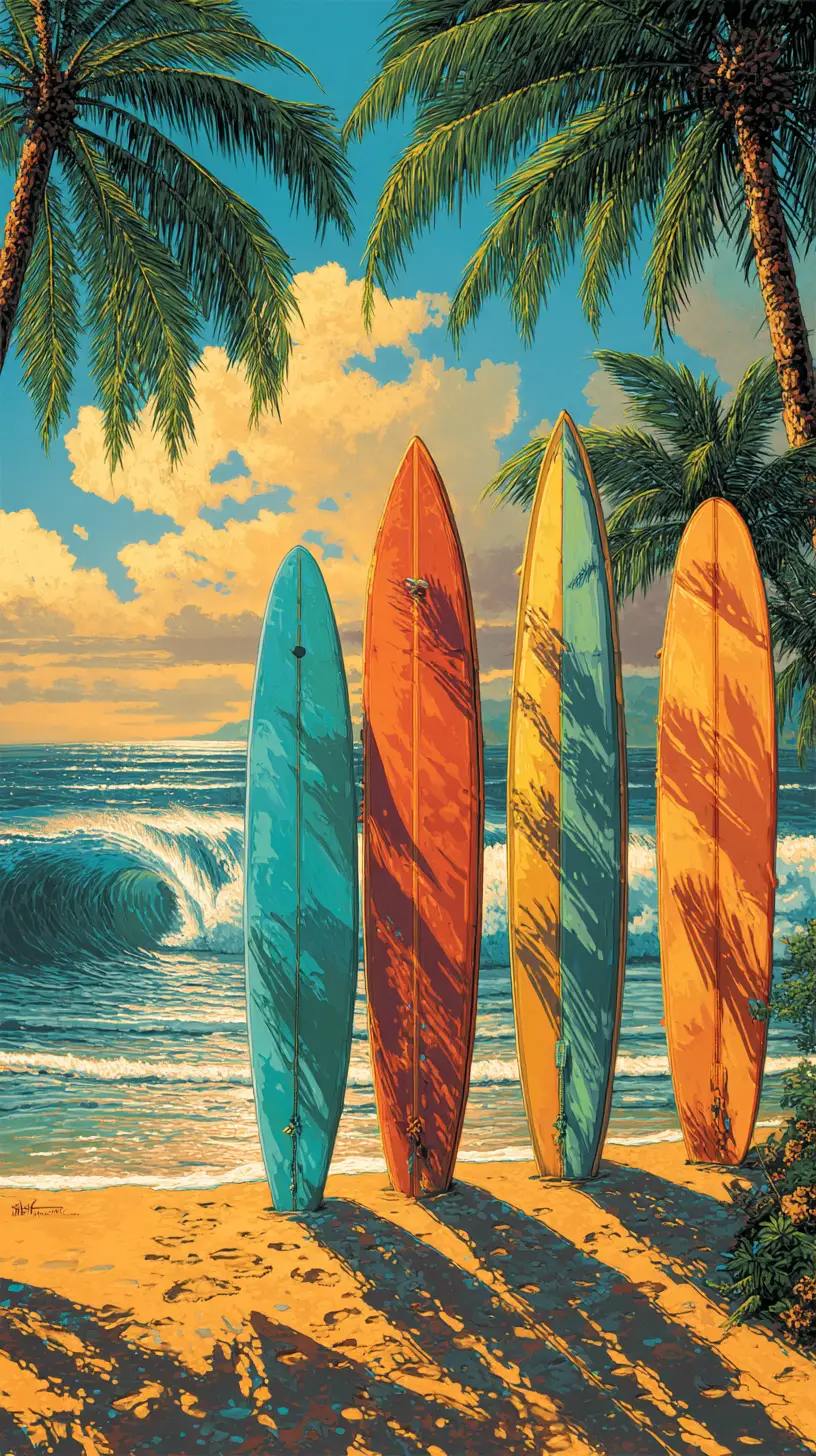 Colorful surfboards on a tropical beach at golden hour