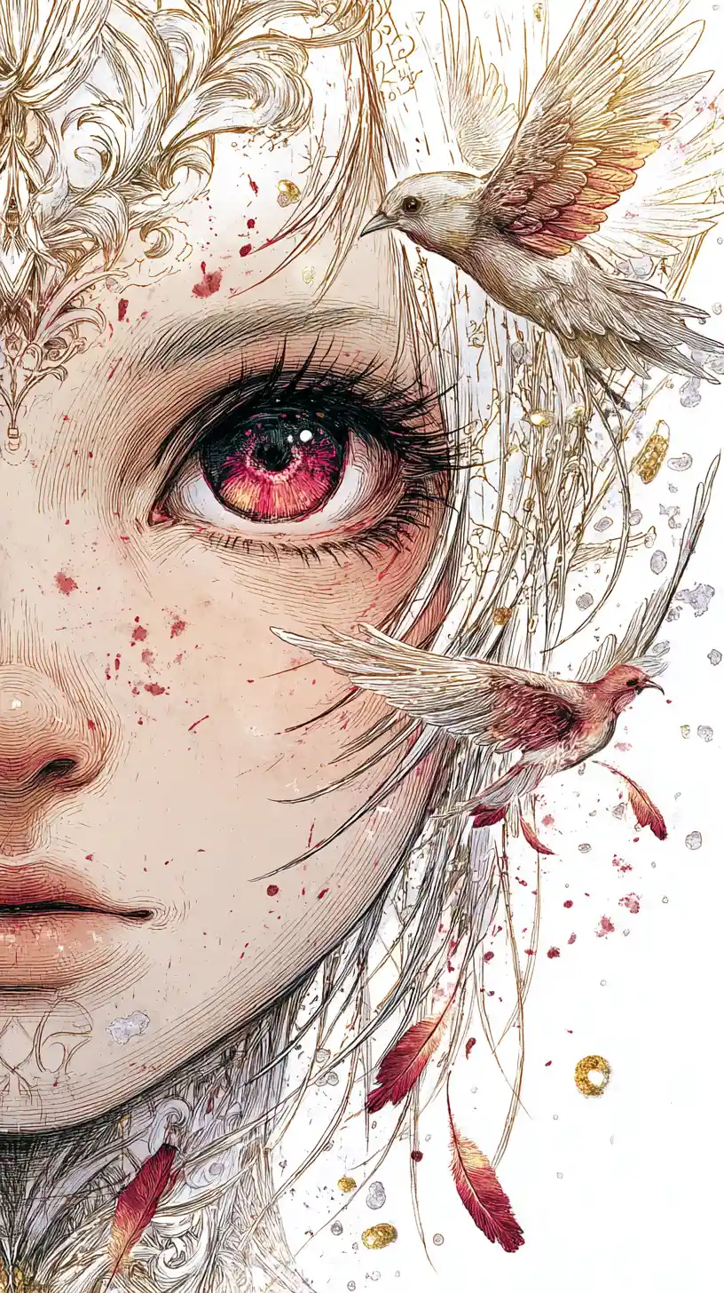 Close up fantasy tengu girl with luminous crimson eyes