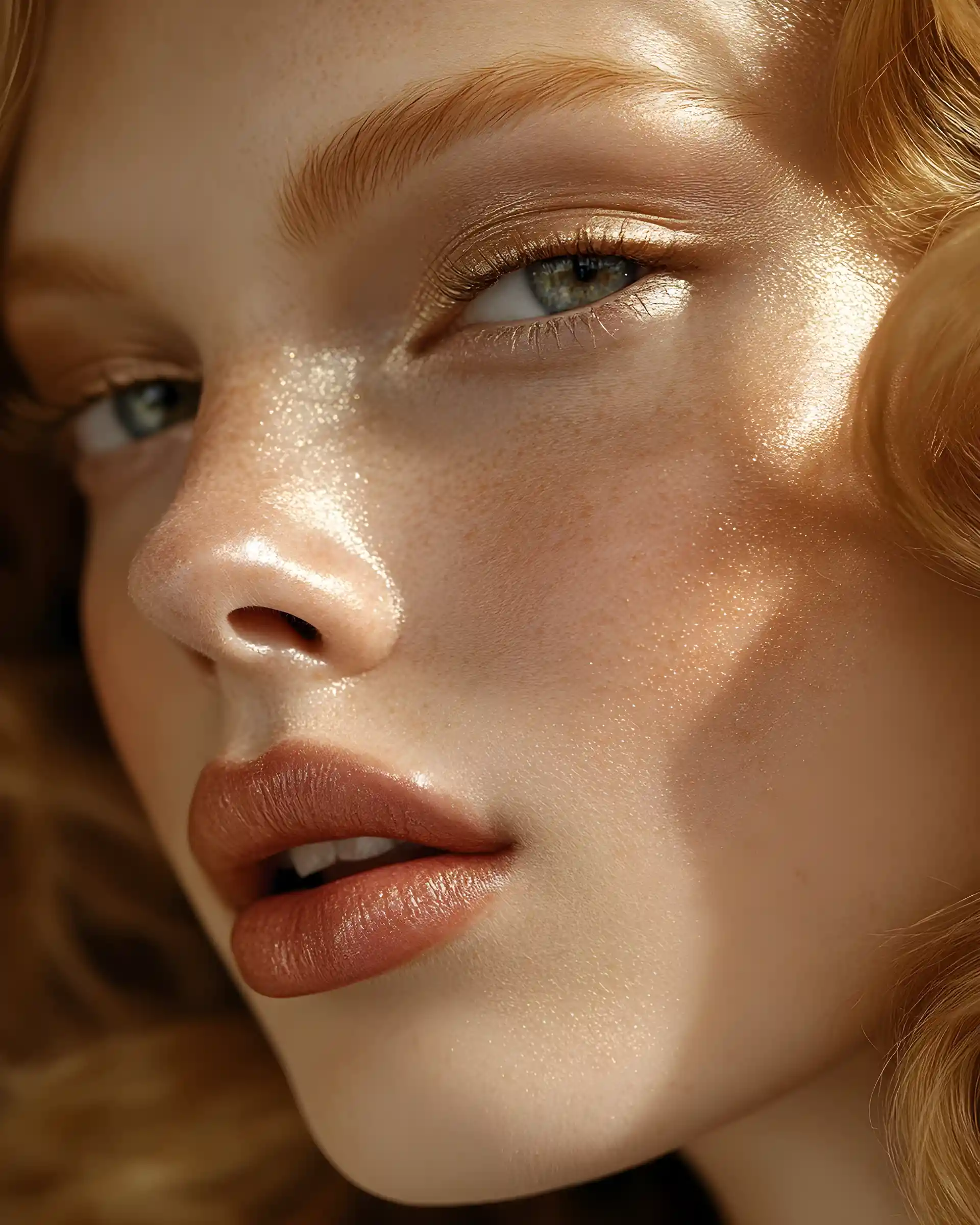 Pearlescent fashion portrait with vibrant contrasting eyes