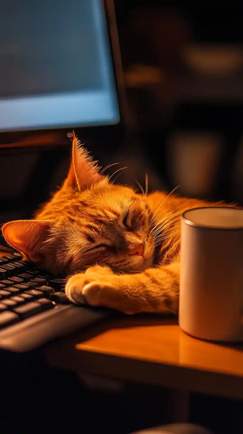 Orange cat napping on a desk beside a coffee mug
