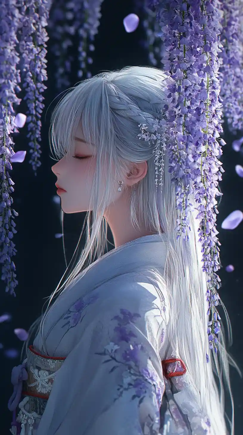 Anime woman in kimono amid twilight wisteria