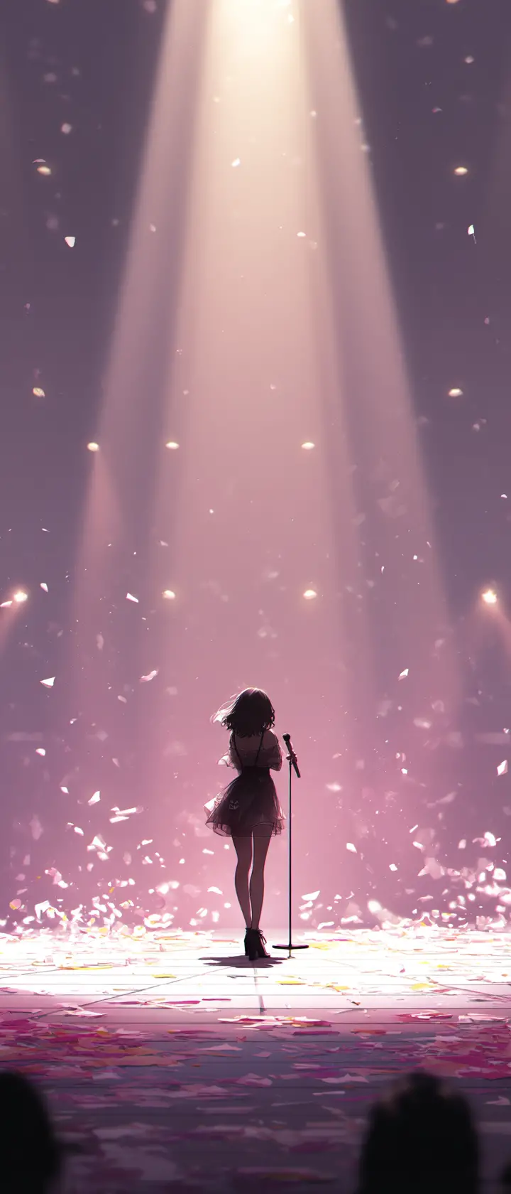 Anime idol singer alone on a silent empty concert stage