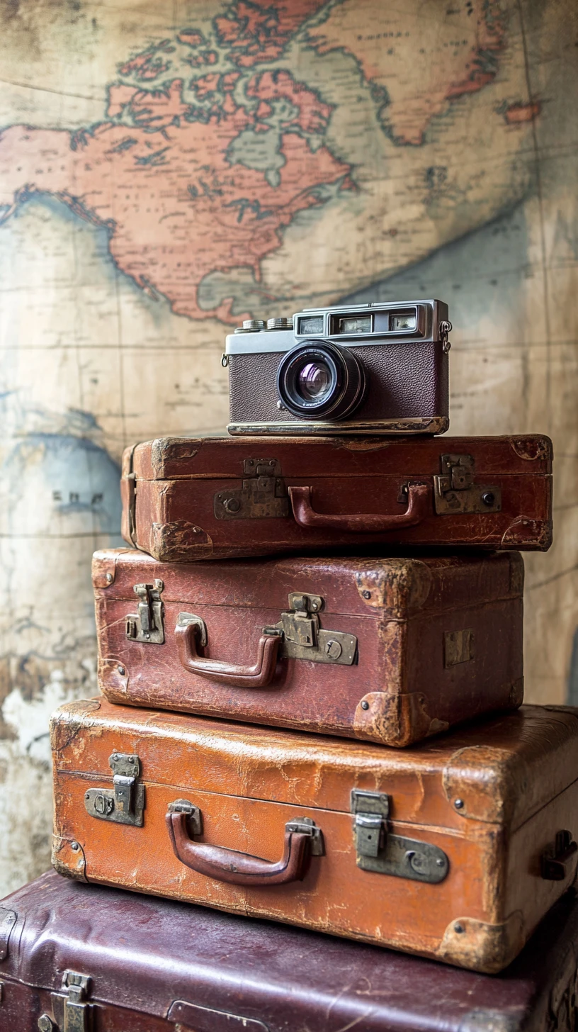Vintage leather suitcases with camera and folded world map