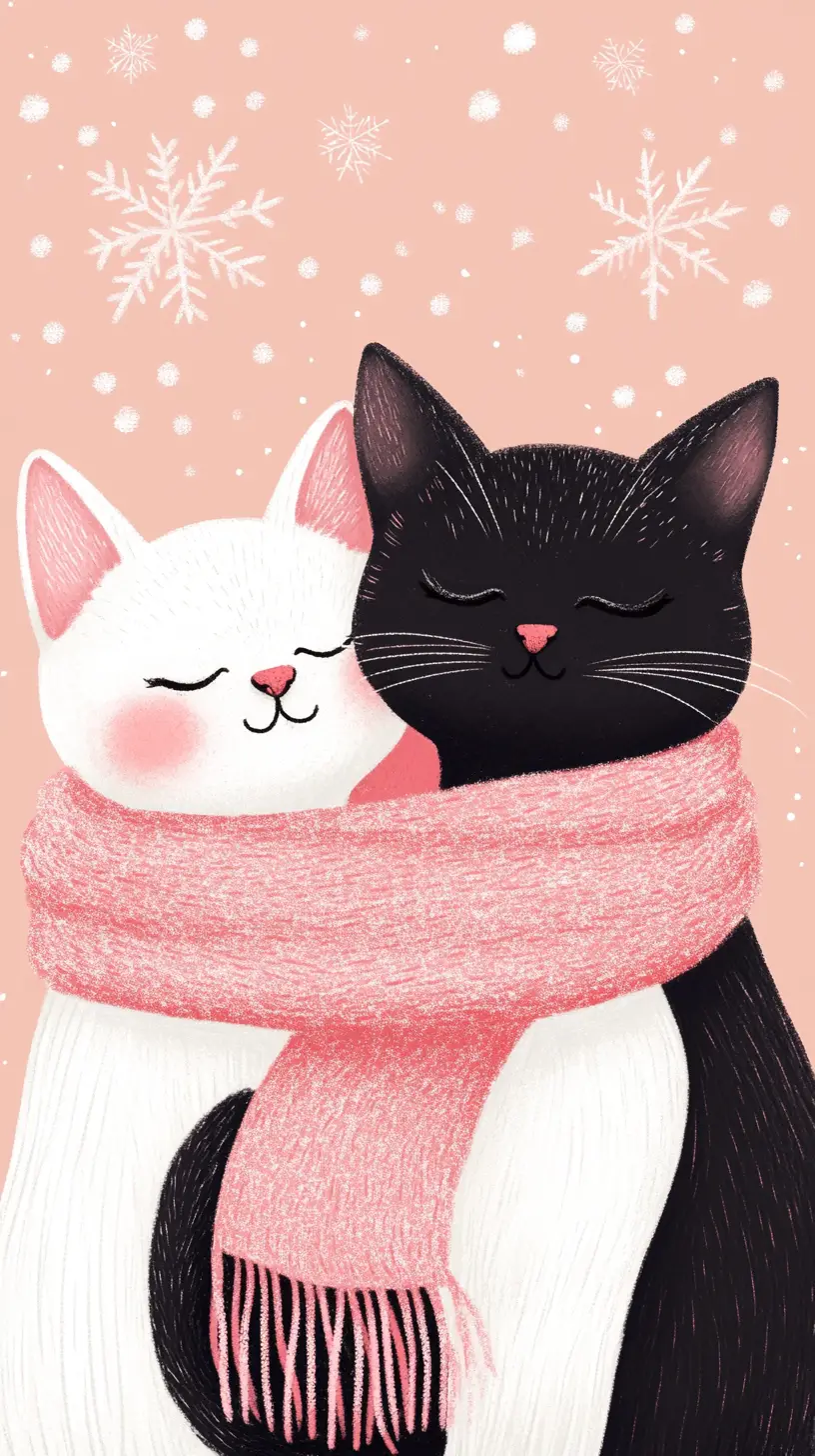 Two cartoon cats hugging in a pink winter scarf