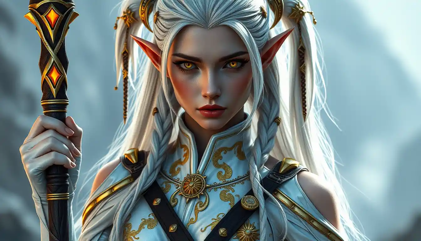 Futuristic elf warrior priestess with glowing aether staff