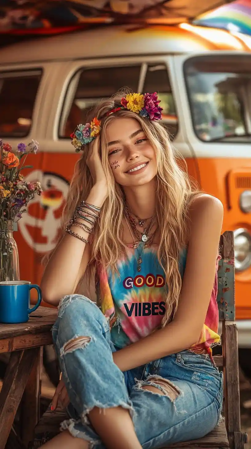 Smiling hippie girl beside a rainbow camper van