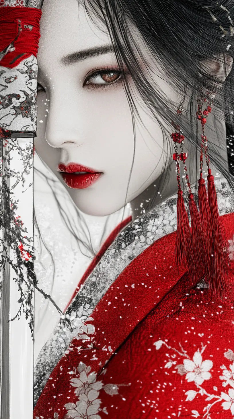 Japanese woman in red kimono with katana portrait