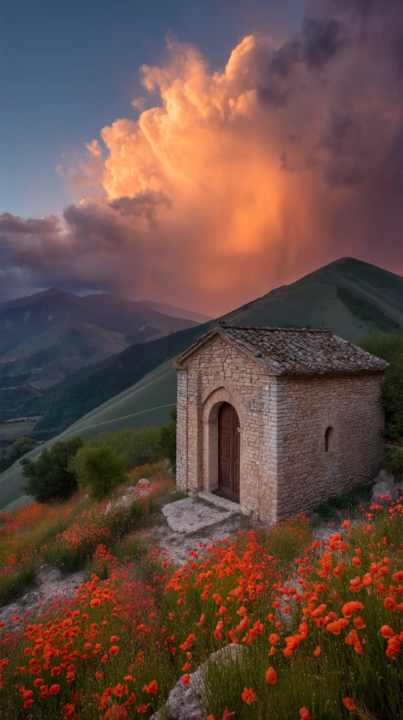 Ancient stone chapel above a hill of glowing poppies