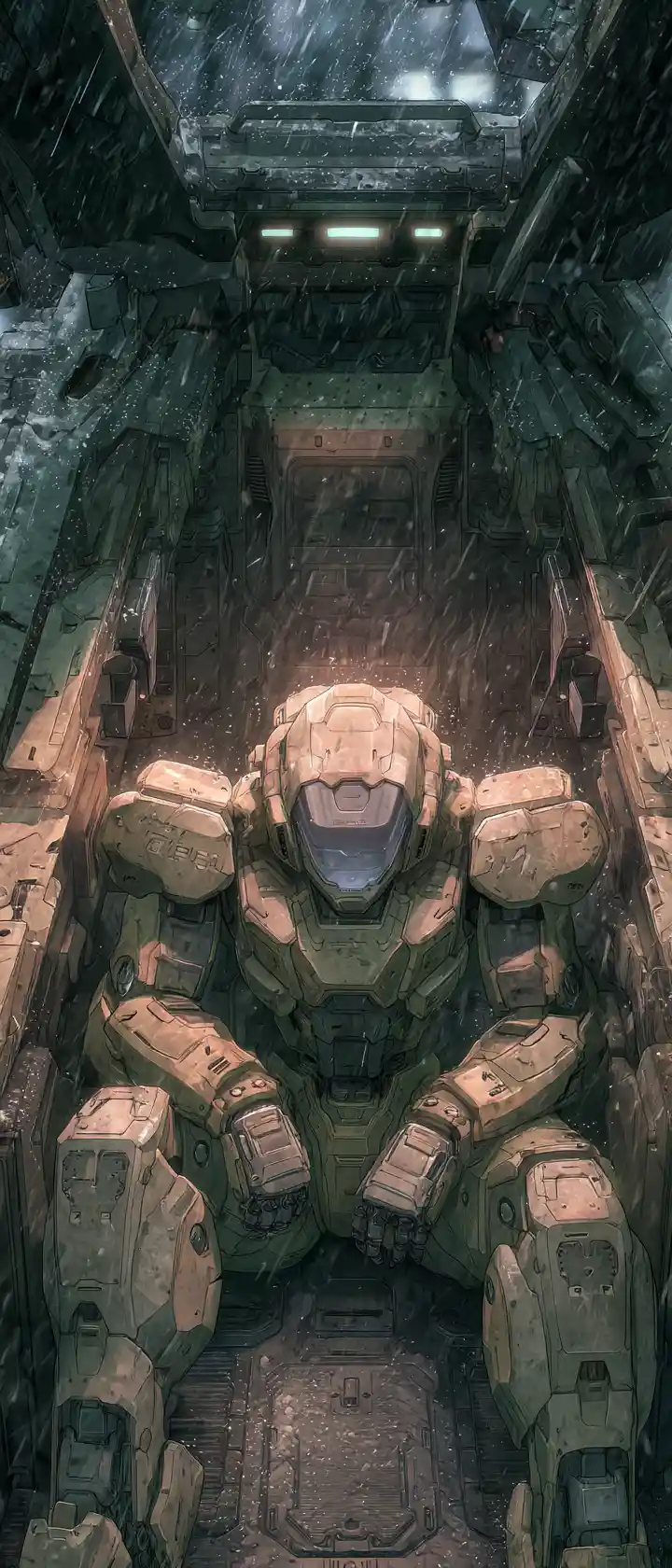 Pilota di mecha accasciato nel cockpit distrutto sotto le macerie cadenti
