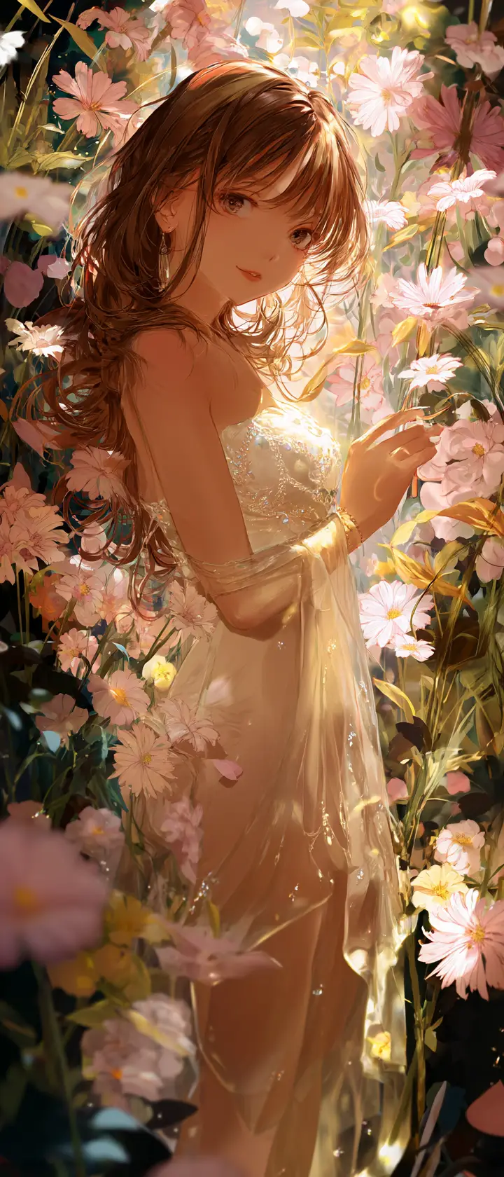 Anime girl awakening glowing night blooming fantasy garden