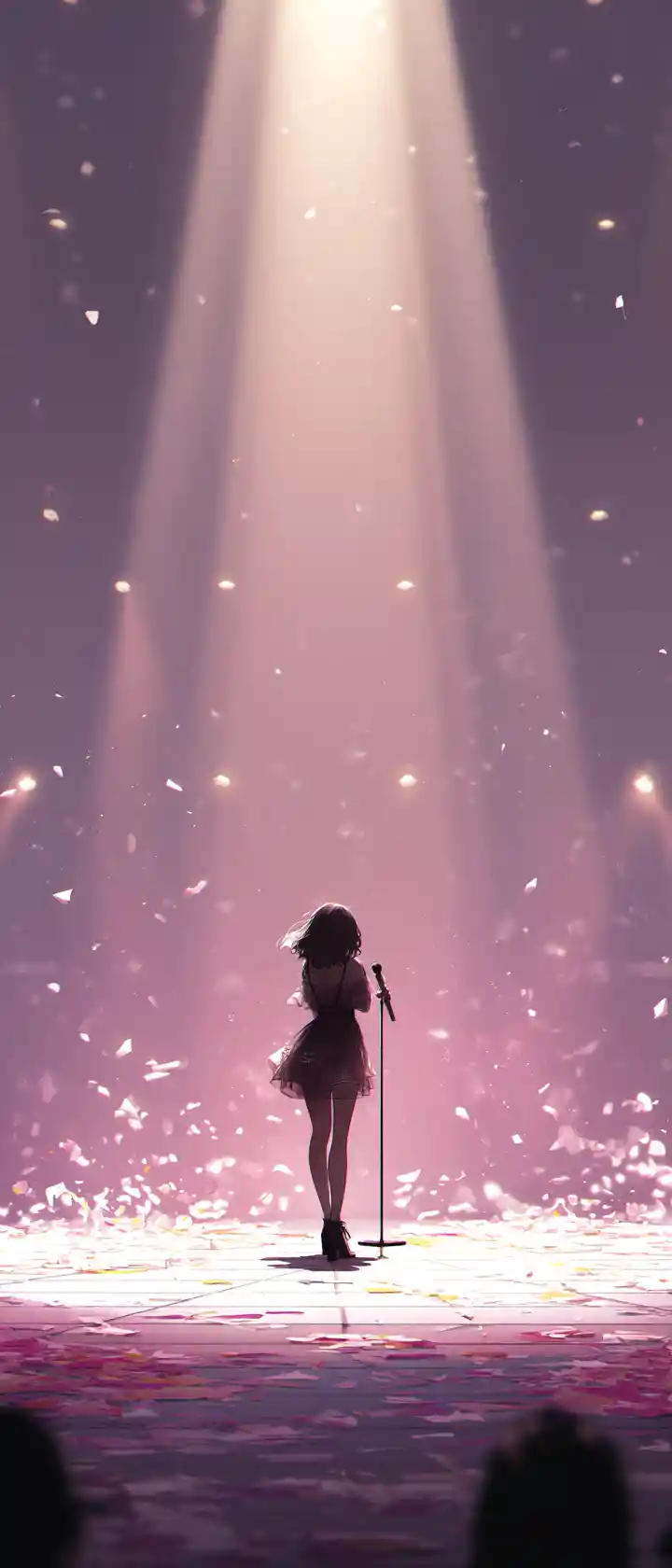 Anime idol singer alone on a silent empty concert stage