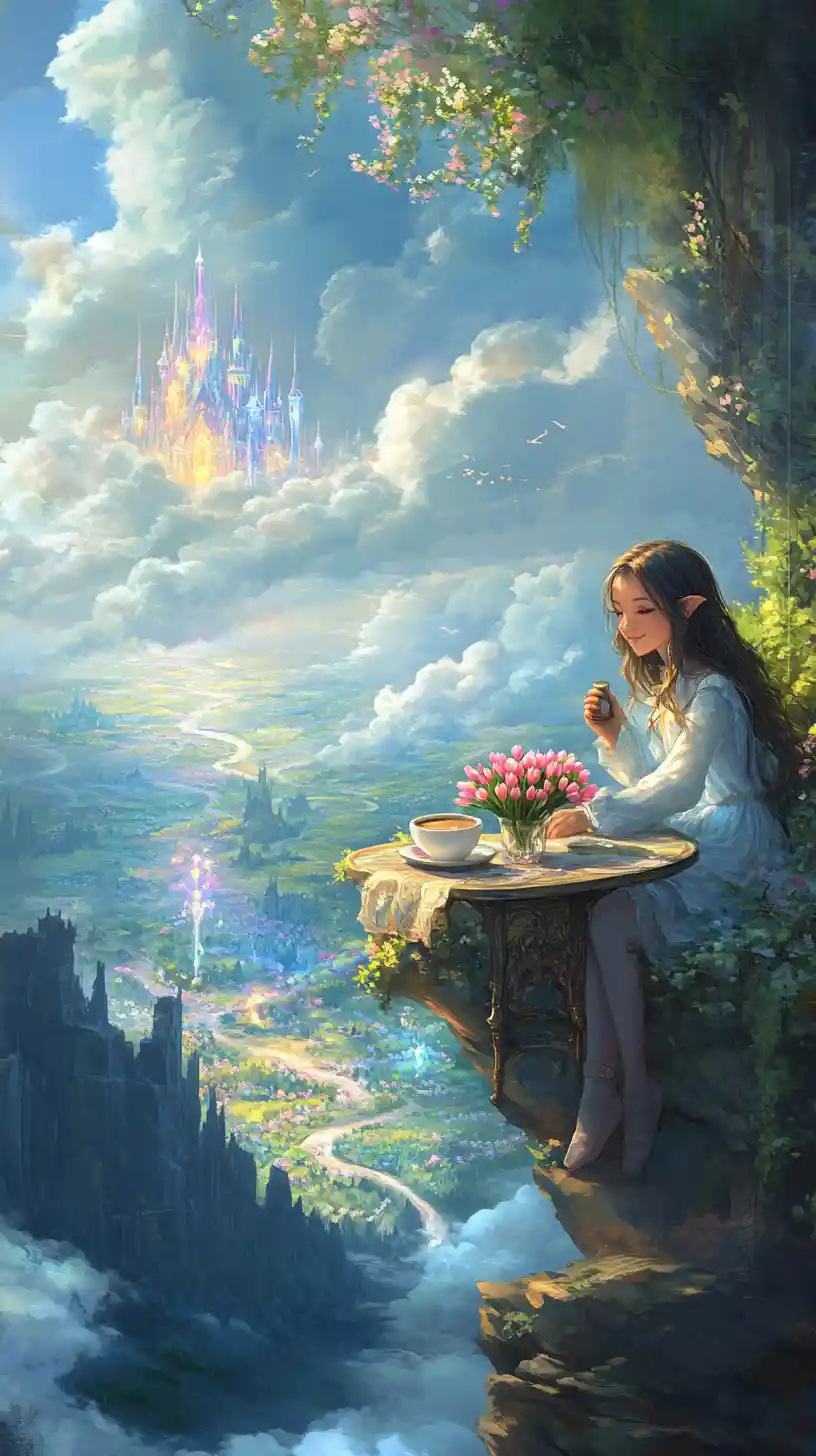Smiling girl with coffee on cliff above spring valley