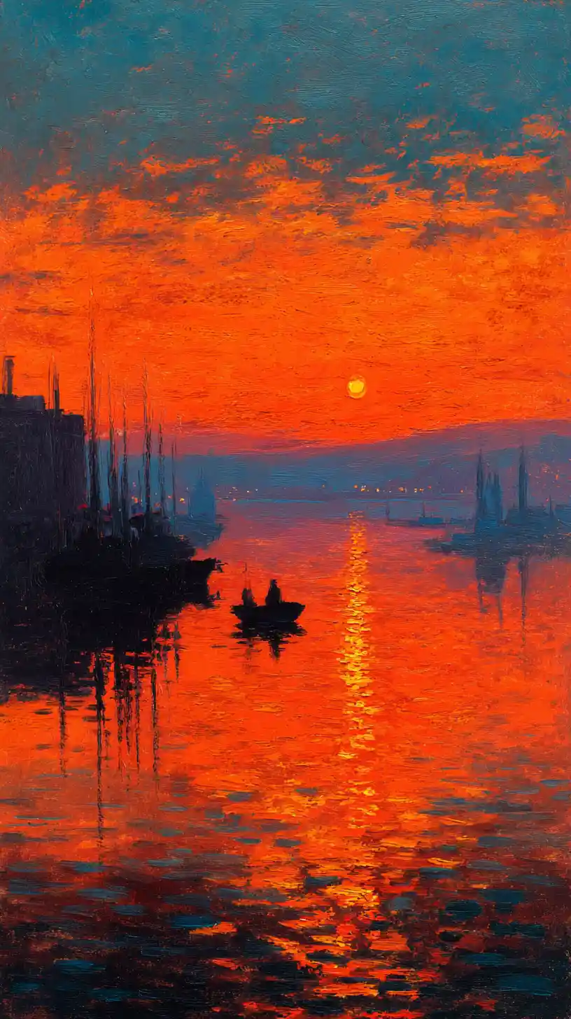Impressionist sunrise over a tranquil harbor with boats