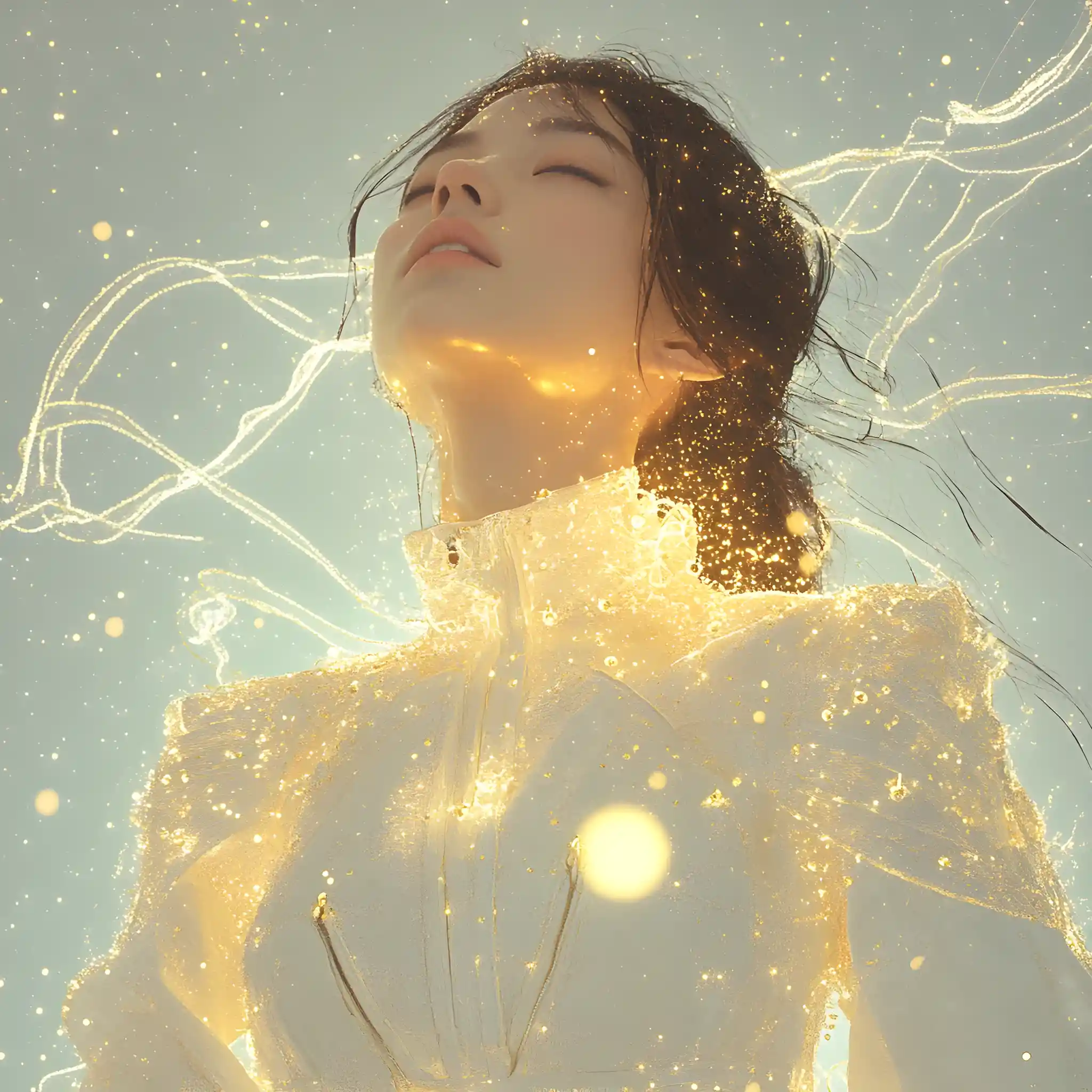 Modern woman in white outfit studio portrait with prismatic light