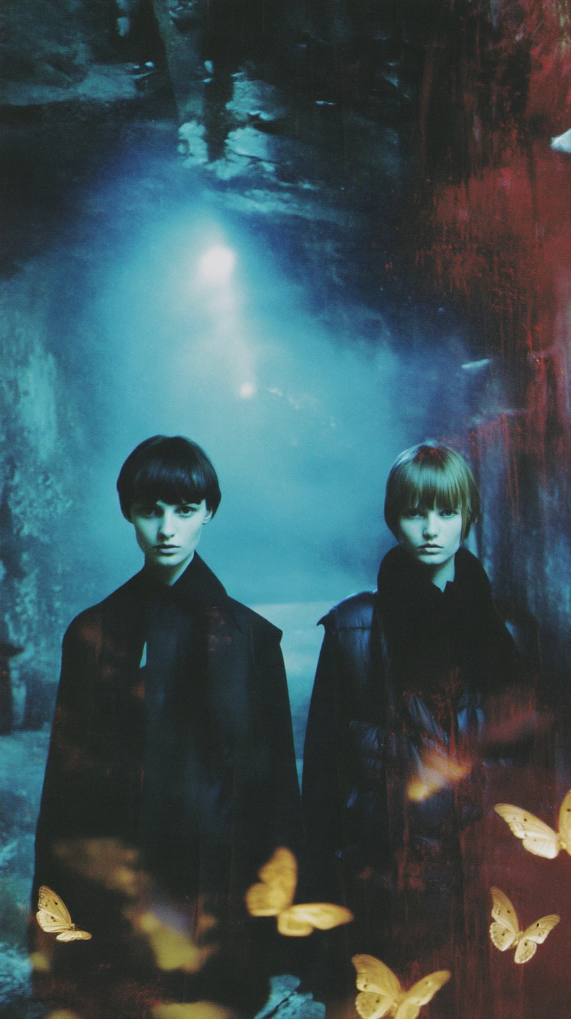 Androgynous models in black puffers in a snowy forest