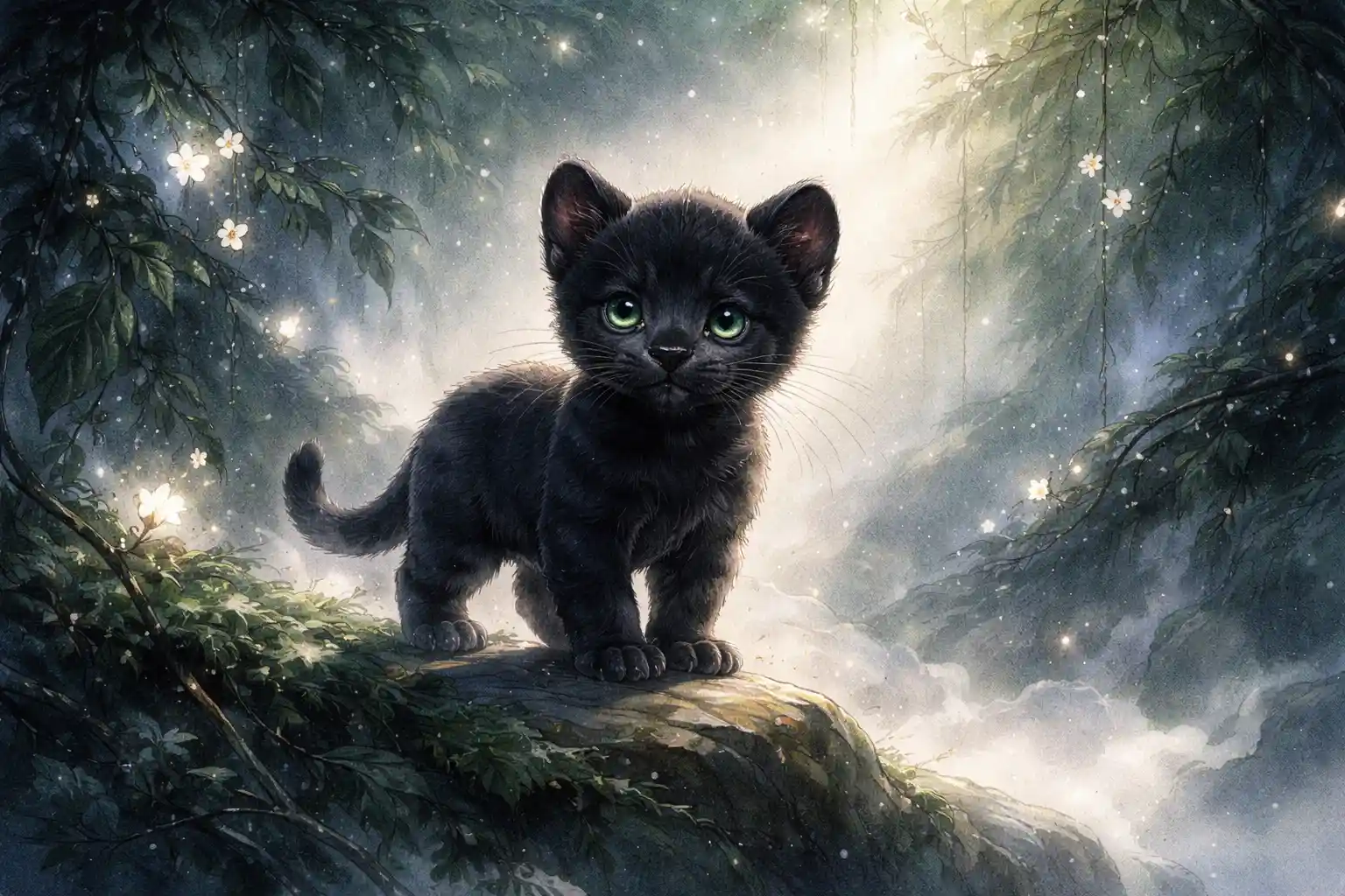 Baby black panther on misty jungle rock illustration