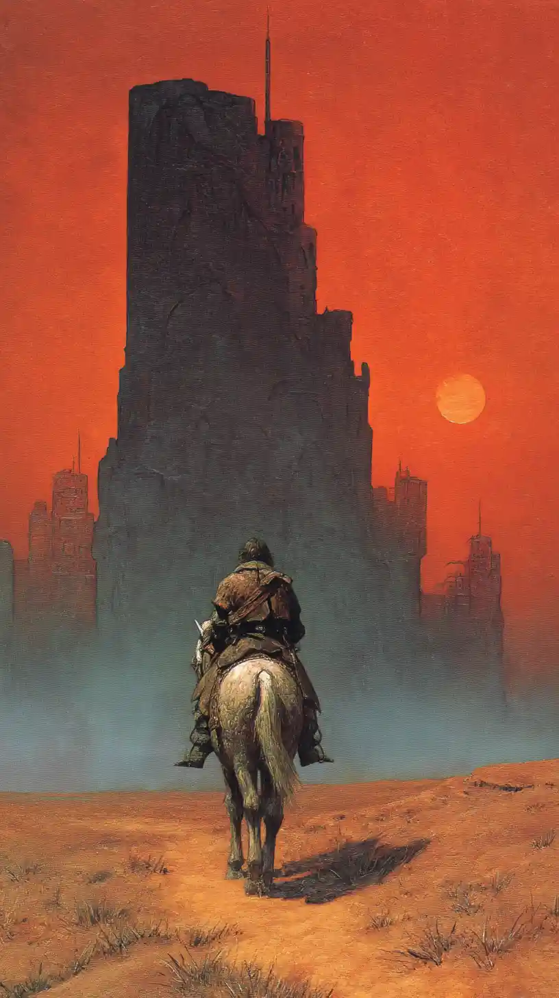 Lone knight riding toward a distant obsidian fantasy city