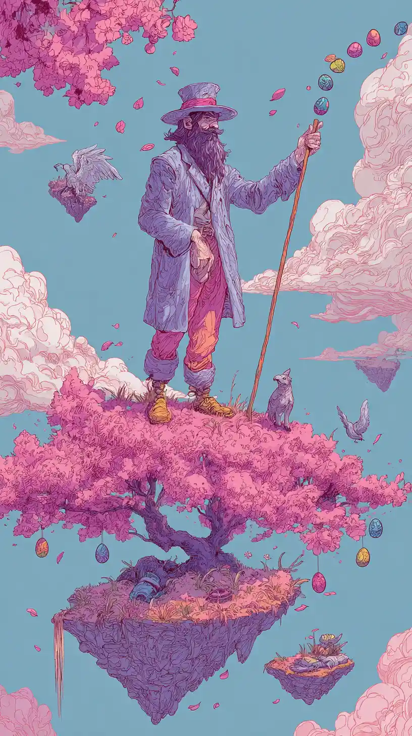 Bearded Magician On Floating Island Of Blossoming Cherry Trees