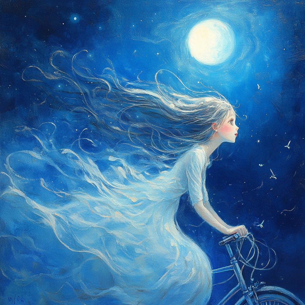 Young girl cycling through a dreamy starry night sky