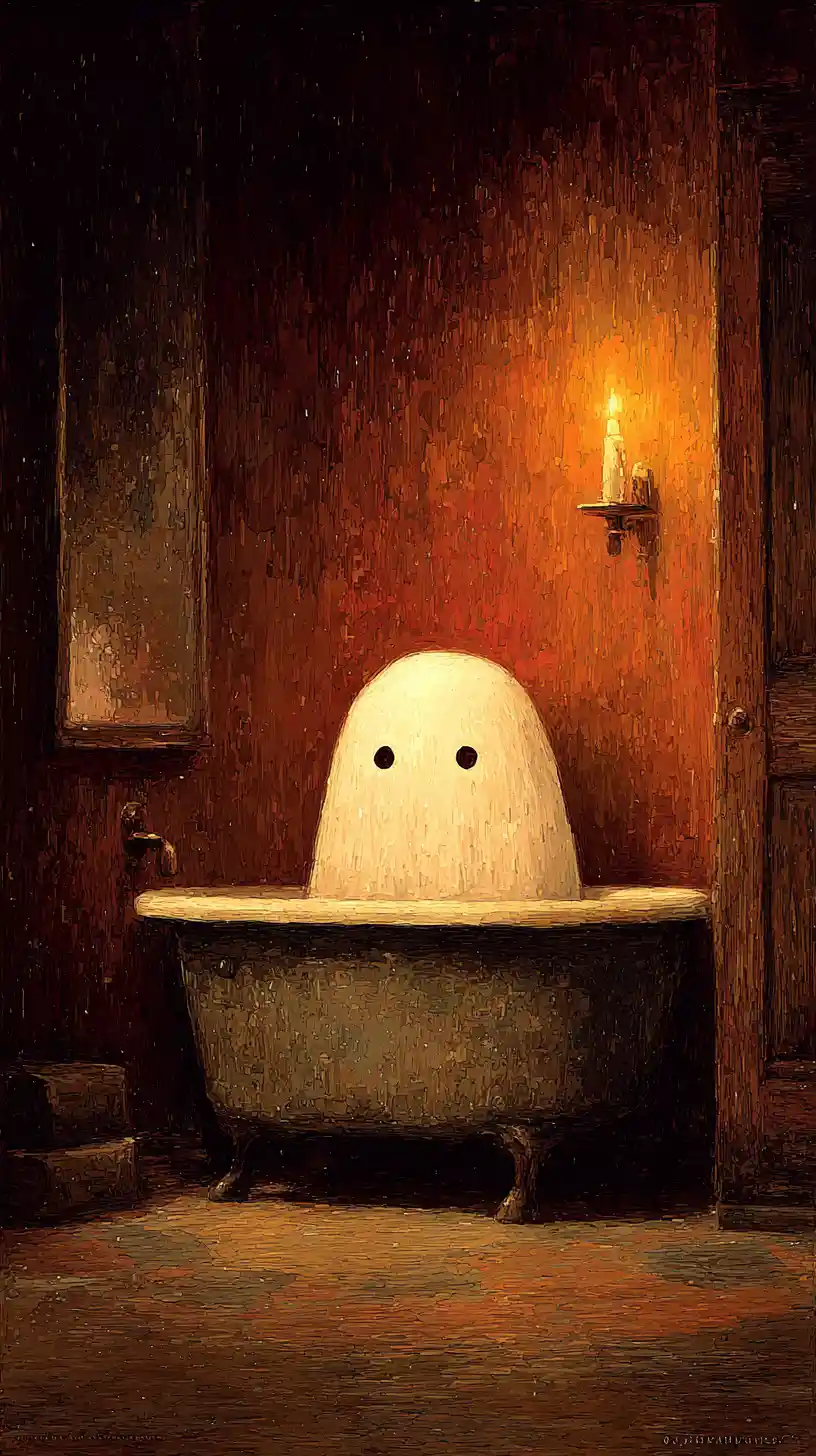 Minimalist ghost in a vintage clawfoot bathtub at night