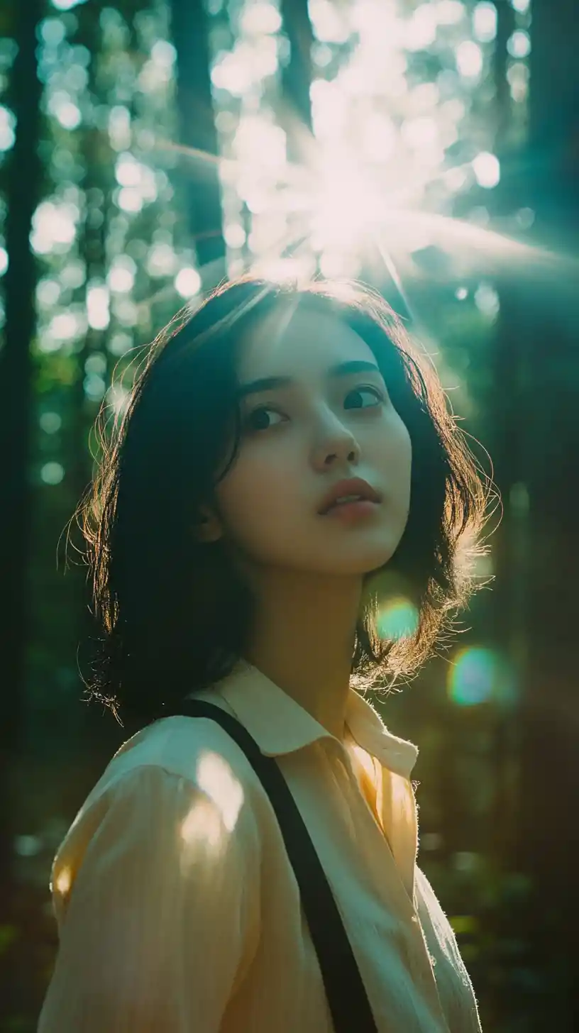 Asian woman turning in sunlight in a quiet forest