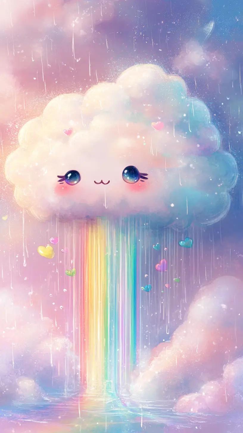 Cute cloud character with soft rain and pastel rainbow