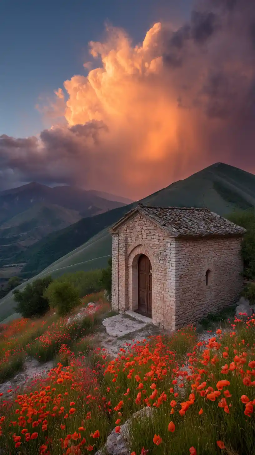 Ancient stone chapel above a hill of glowing poppies