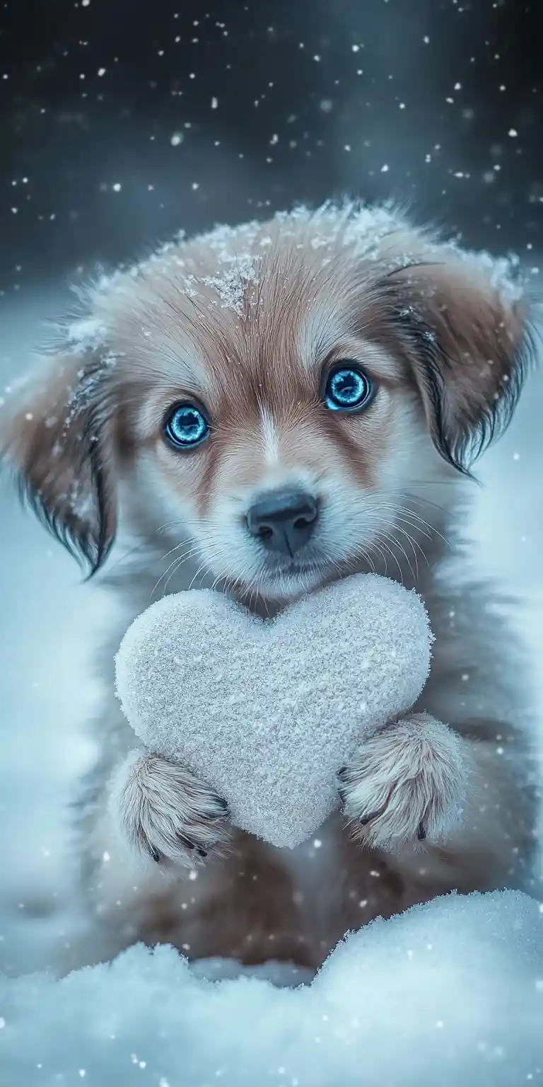 Tiny puppy with blue eyes holding a fluffy heart